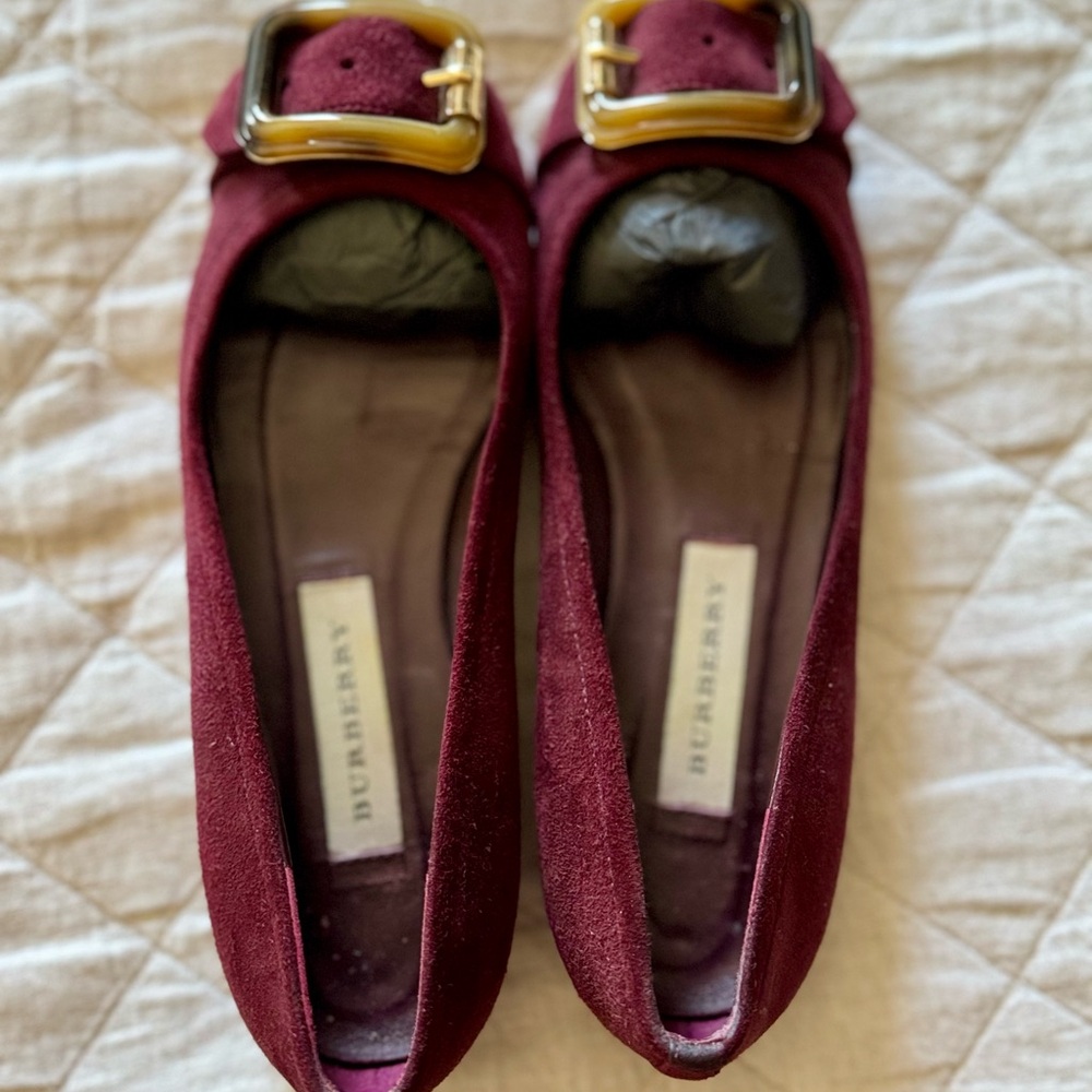 Burberry Burgundy Suede Ballerina Flats with Tortoise Buckle